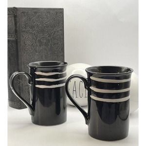 2 Ceramic Coffee or Tea Mugs in Black with Hand Painted White Stripes